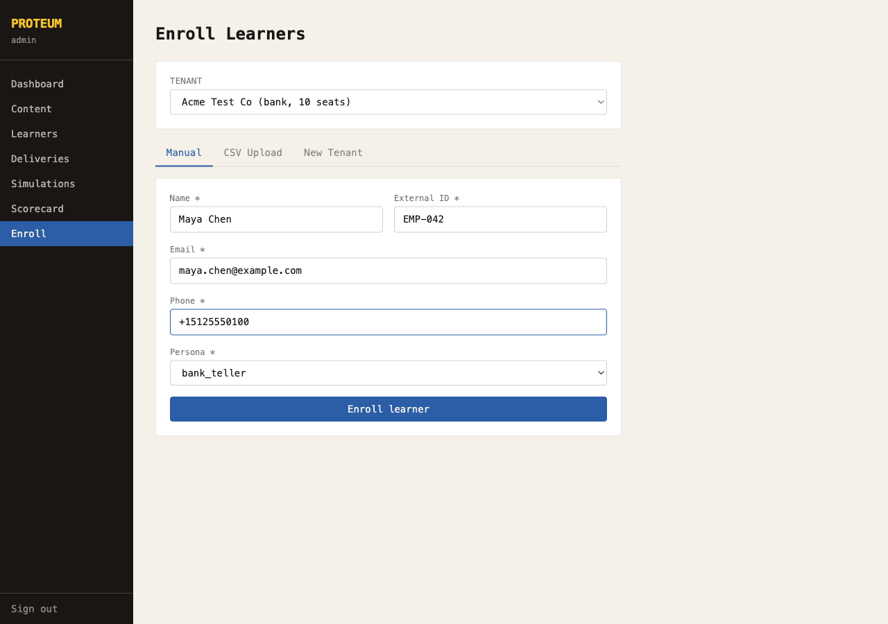 Admin portal enroll form showing name, email, phone, and persona fields