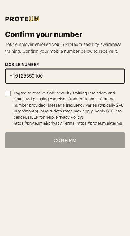 Confirmation page with phone number field and an unchecked consent checkbox