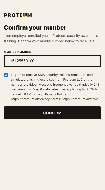 Same page with the consent checkbox checked and the Confirm button enabled